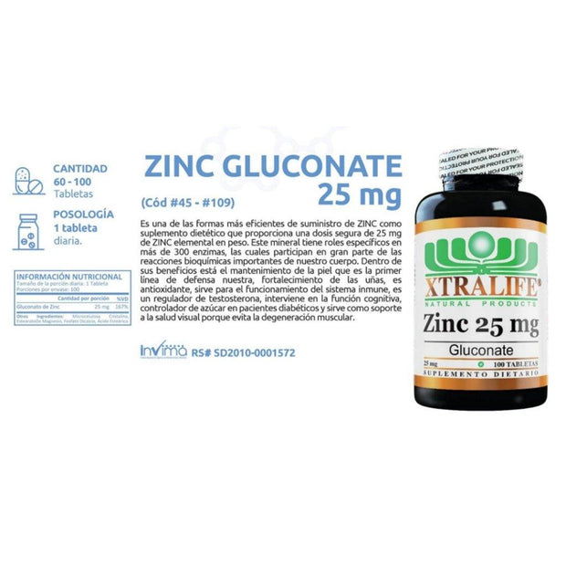 Zinc Gluconate 25 Mg Xtralife - Bioinfinitysas